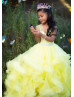 Yellow Tulle Ruffled Flower Girl Dress With Rhinestones Belt